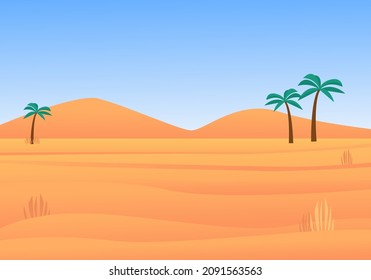 Yellow desert with palm trees landscape. Outdoor sandy hills and hot sky with wilderness natural panorama landscape with beautiful arid orange desert. Vector cartoon summer.