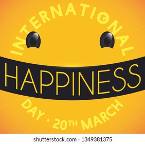 Yellow design with smiling emoji made with letters forming a circle and a black sign forming the smile to celebrate International Day of Happiness in March 20.