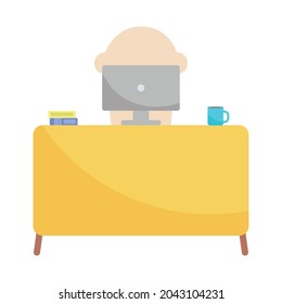 yellow desk with computer and coffee mug