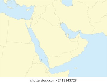 Yellow detailed CMYK blank political map of the MIDDLE EAST with black national country borders on yellow continent background and blue sea surfaces using orthographic projection