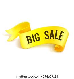 Yellow detailed realistic curved paper sale ribbon banner. Isolated on white background. With space for text. Vector illustration.