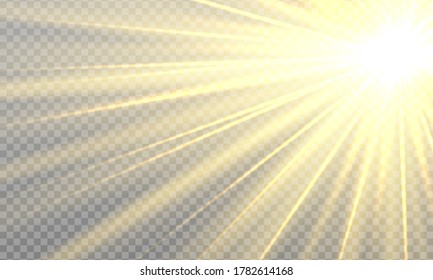 Yellow detonation effect. Sun rays with beams isolated on transparent background. Lens flare light effect. Sunlight a translucent special design of the light effect. Vector illustration.