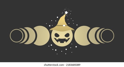 Yellow devil wearing witch magic hat golden moon different phases of lunar phases with stars on black background boho flat vector icon design.