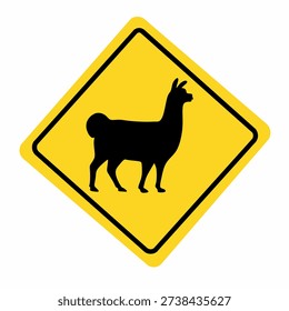 Yellow diamond caution sign with llama silhouette. Warning road sign for alpaca or llama crossing, animal wildlife protection symbol
