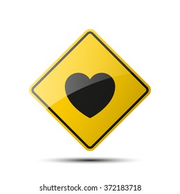 yellow diamond empty road sign with a black border and an image passionate heart on white background. Vector Illustration