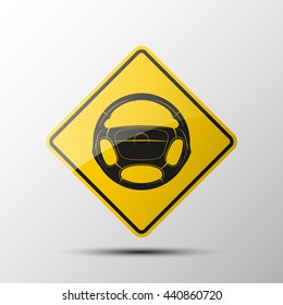 yellow diamond empty road sign with a black border an image steering wheel icon on white background. Vector Illustration. Automobile wheel picture
