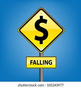 Yellow diamond hazard warning sign against blue sky - Danger Falling Currencies US Dollar indication, vector version