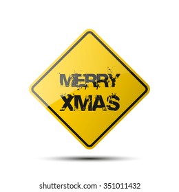 yellow diamond road sign with a black border and an image MERRY XMAS on white background. Vector Illustration