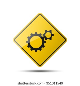 yellow diamond road sign with a black border and an image gear on white background. Vector Illustration