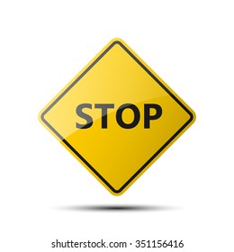 yellow diamond road sign with a black border and an image STOP on white background. Vector Illustration