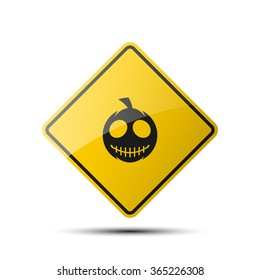 yellow diamond road sign with a black border and an image funny cartoon pumpkin with a face on white background. Vector Illustration