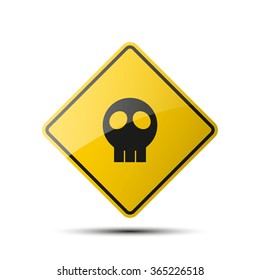 yellow diamond road sign with a black border and an image funny cartoon skull on white background. Vector Illustration