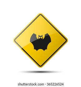 yellow diamond road sign with a black border and an image funny cartoon bat on white background. Vector Illustration