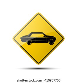 yellow diamond road sign with a black border and an image a car on white background. Vector Illustration