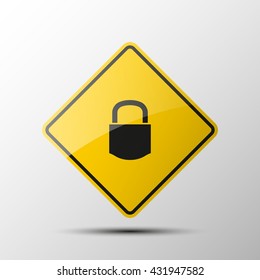 yellow diamond road sign with a black border and an image lock - un lock icon on white background. Vector Illustration.