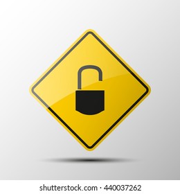 yellow diamond road sign with a black border and an image lock - un lock icon on white background. Vector Illustration.