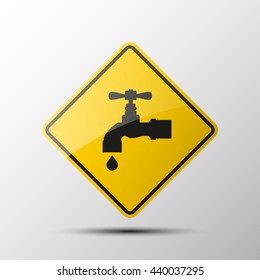 yellow diamond road sign with a black border and an image faucet on white background. Vector Illustration. Drinking water icon. The ability to have a drink and get water