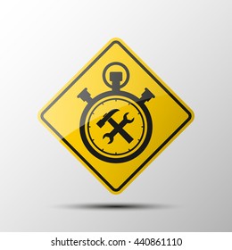 yellow diamond road sign with a black border and an image Stopwatch icon of hammer and wrench on white background. Vector Illustration. tool Service Icon. Renovation and repair of the picture