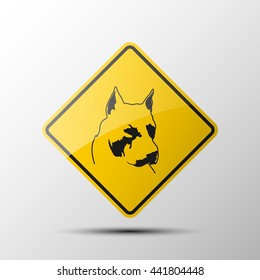 yellow diamond road sign with a black border and an image pitbul Dog Icon on white background. Vector Illustration. American Staffordshire Terrier icon