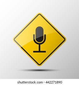 yellow diamond road sign with a black border and an image microphone on white background. Vector Illustration. picture on radio and live broadcast