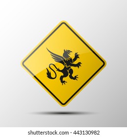 yellow diamond road sign with a black border and an image coat of arms on white background. Vector Illustration. Lion with wings, tail and claws icon. Heraldry icon