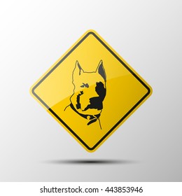 yellow diamond road sign with a black border and an image pitbul Dog Icon on white background. Vector Illustration. American Staffordshire Terrier icon