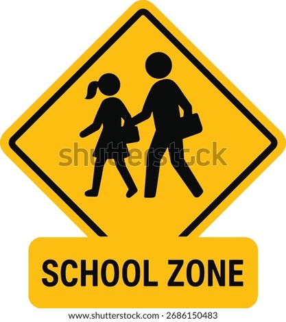 Yellow diamond school zone ahead warning sign with pedestrian figures and text vector