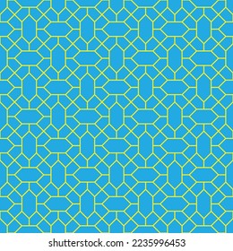 Yellow diamond shape and diagonal line pattern on blue background. Linked diagonal line and hexagon shape. Yellow lattice pattern on blue background. Abstract maze backdrop.