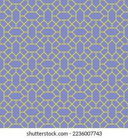 Yellow diamond shape and diagonal line pattern on blue background. Linked diagonal line and hexagon shape. Yellow lattice pattern on blue background. Abstract maze backdrop.