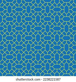 Yellow diamond shape and diagonal line pattern on blue background. Linked diagonal line and hexagon shape. Yellow lattice pattern on blue background. Abstract maze backdrop.