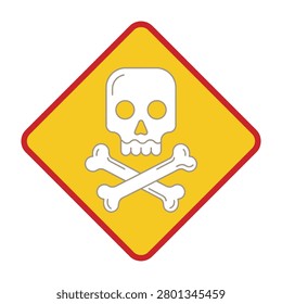 A yellow diamond shaped hazard warning sign displaying a white skull and crossbones symbol. This safety icon signifies danger, toxic substances, and lethal risk.