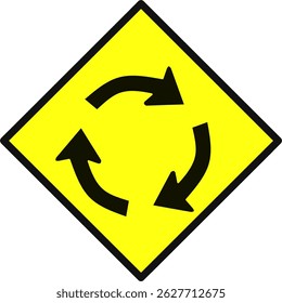 Yellow diamond shaped traffic warning sign with circular arrows symbol, indicating a roundabout ahead. Used to alert drivers to yield and circulate in one direction