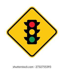 A yellow diamond shaped warning sign depicting a traffic light symbol is isolated on transparent background