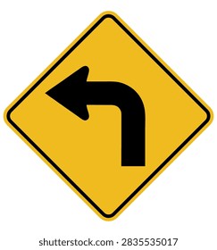 Yellow diamond sharp left turn warning road sign featuring a bold black directional arrow. Designed to warn drivers about a sharp turn ahead for traffic safety, transportation, driving, and road navigation. Editable vector illustration for commercial and personal use.