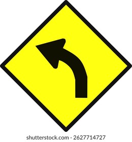 A yellow diamond traffic sign with a black curved arrow indicating a left turn ahead. Used to warn drivers of an upcoming change in direction or sharp turn.