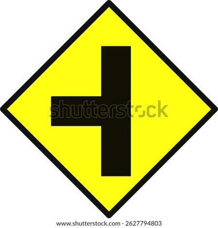 Yellow diamond traffic sign with black T shape indicating a T junction from the left. Used to alert drivers of upcoming intersections and merging roads