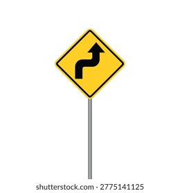 Yellow Diamond Traffic Sign: Double Curve Right-Left Flat Vector Design