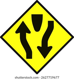Yellow diamond traffic sign with opposing black arrows and a median symbol. Warns of divided traffic lanes. Used for road safety design and driving instructions.