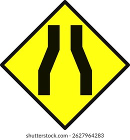 Yellow diamond traffic sign showing road narrows symbol. Warning drivers of reduced road width ahead. Useful for road safety, driving alerts, and transport visuals.