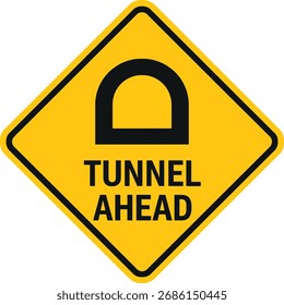 Aviso de sinal de trânsito em losango amarelo do símbolo de túnel à frente e texto do vetor de segurança rodoviária