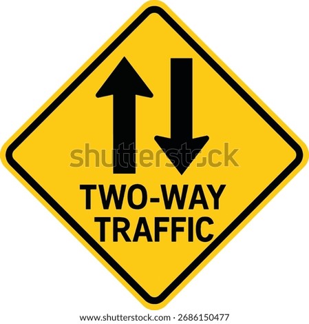 Yellow diamond two-way traffic sign with black arrows and text vector