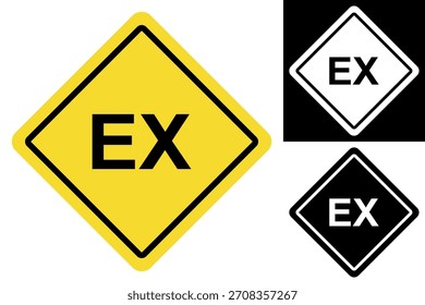 Sinal de aviso de diamante amarelo para atmosferas explosivas e locais perigosos, com texto preto 'EX' indicando perigo potencial