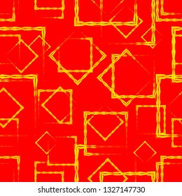Yellow diamonds and squares in the intersection on a red background. Bright abstract pattern of geometric carved and fancy shapes.