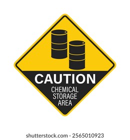 Yellow diamond-shaped label: chemical drum storage, with black drum pictogram, indicating hazardous material containment safety