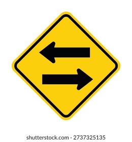 A yellow diamond-shaped road sign featuring two black arrows, one pointing left and the other pointing right, indicating two-way traffic or a directional change.