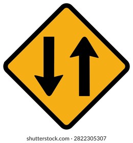 A yellow diamond-shaped road sign featuring two black arrows pointing in opposite directions, indicating two-way traffic. This graphic icon is suitable for safety materials, educational content, and transport-related design projects.