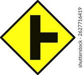 A yellow diamond-shaped traffic sign with a black T shaped intersection or junction symbol coming from the right. Indicates a side road entering from the right. Used to warn drivers and road designs