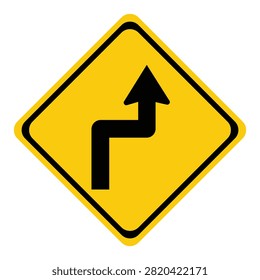 A yellow diamond-shaped traffic warning sign with a black symbol depicting a double curve or reverse turn, indicating a winding road ahead for drivers.
