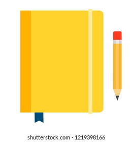 Yellow diary on elastic band with a bookmark and pencil vector flat icon isolated on white