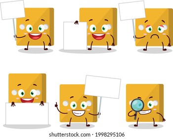 Yellow dice cartoon character bring information board. Vector illustration